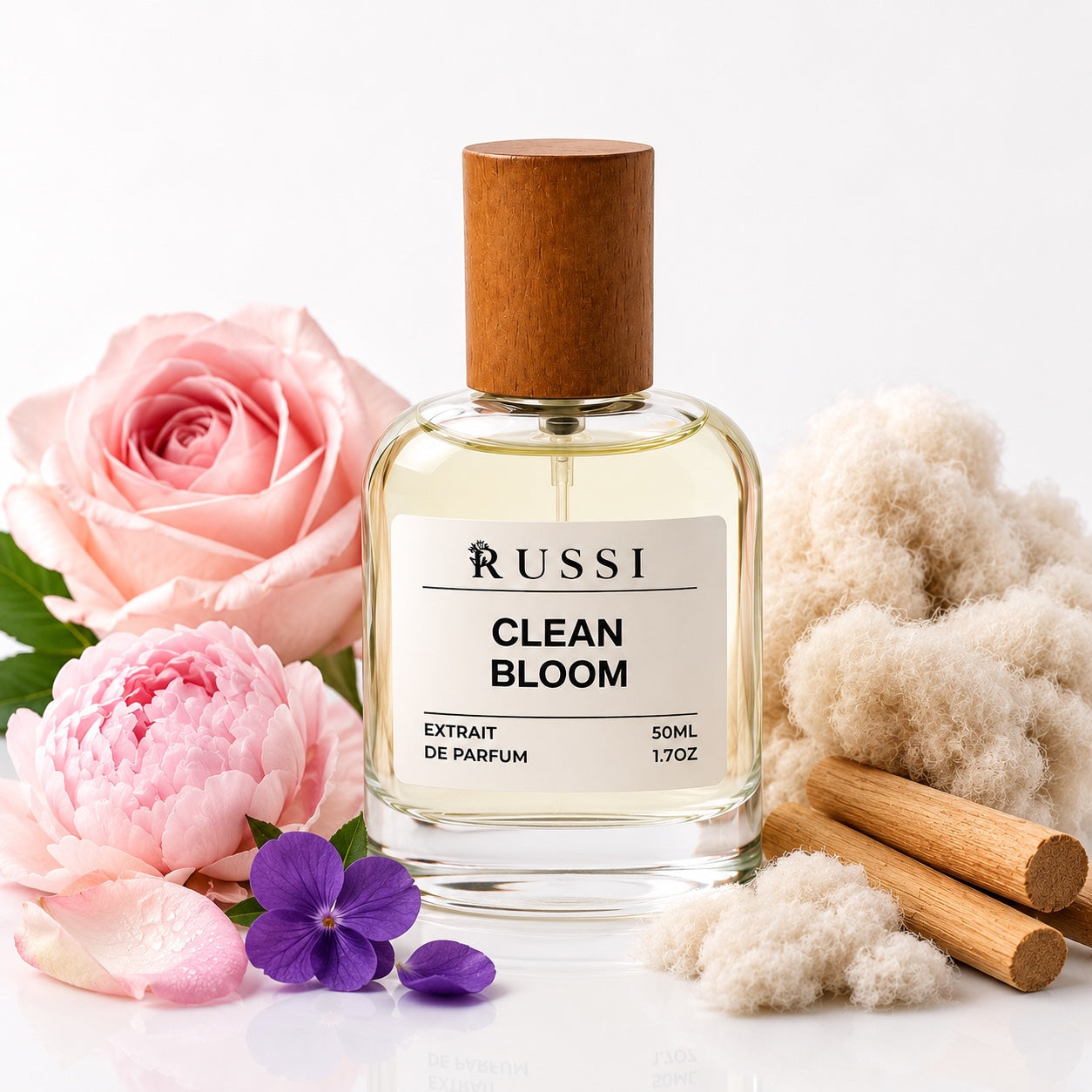 CLEAN BLOOM 50 ml Extrait de Parfum su rože, pionu, violetinėmis natomis, santalmedžiu ir baltuoju muskusu