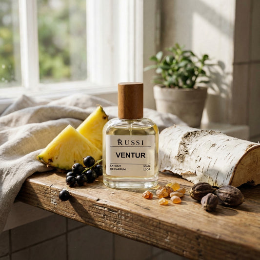 Ventur kvepalai su ananaso, bergamotės ir medienos natomis ant medinio stalo diagnostikos įranga fone