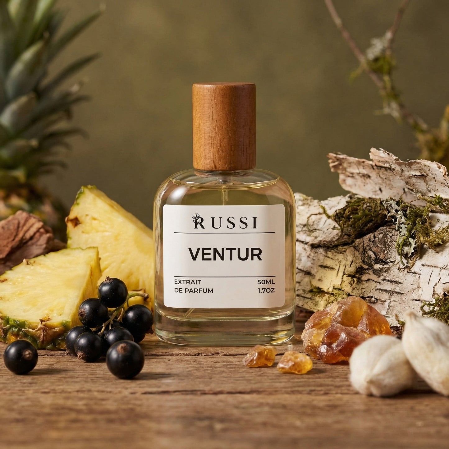 Russi Ventur parfumas su ananaso, bergamotės ir medienos natos, diagnostikos įranga fone