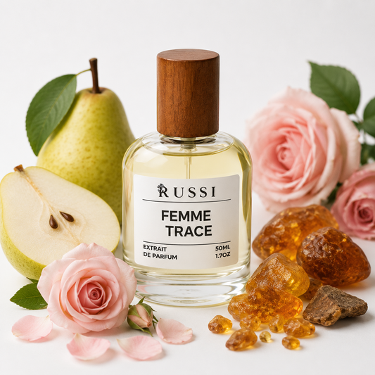 RUSSI Femme Trace Extrait de Parfum 50 ml su kriauše, rožėmis, gintaru ir medienos natomis