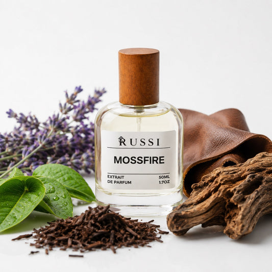 RUSSI MOSSFIRE 50 ml perfume with green leaves, lavender, leather and agarwood notes