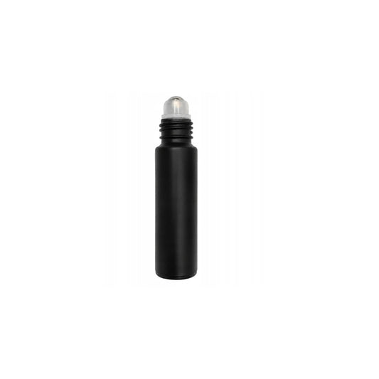 Juodas matinis 10 ml stiklinis roll-on buteliukas su metaliniu rutuliuku